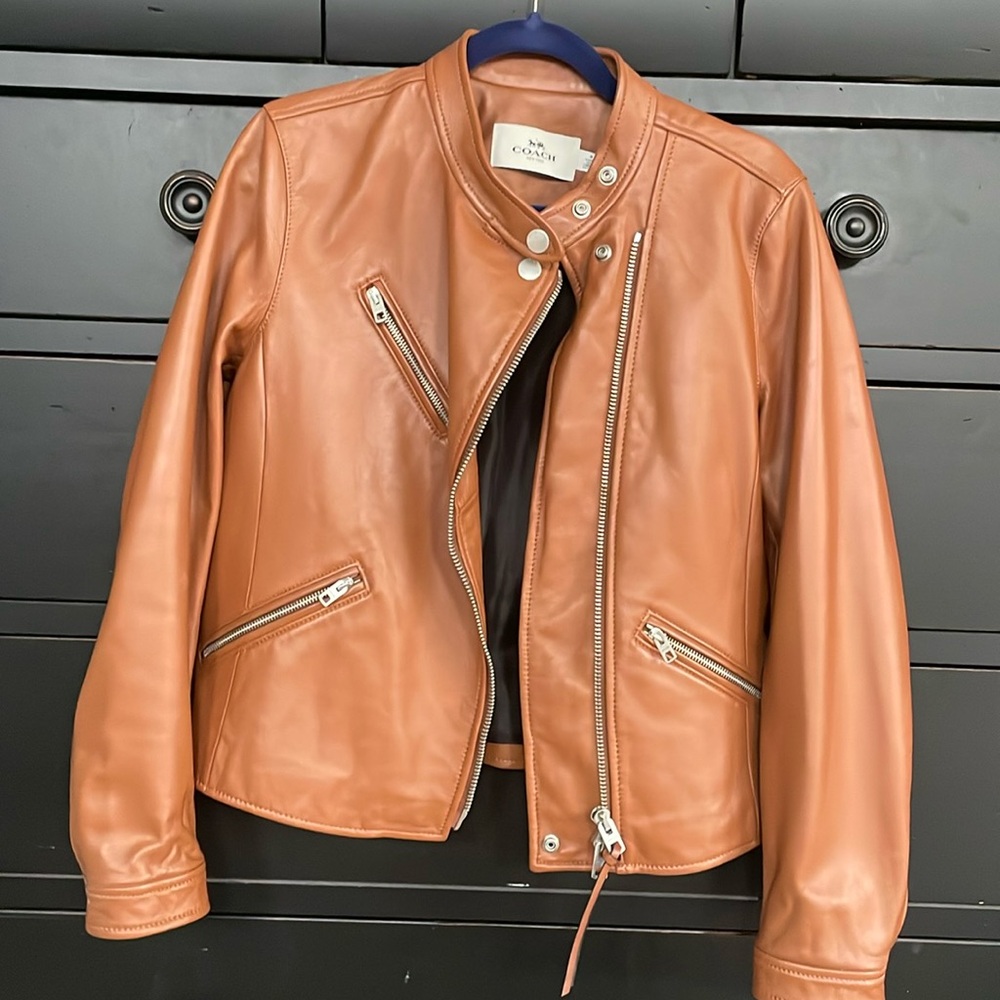 Coach cognac leather bomber jacket